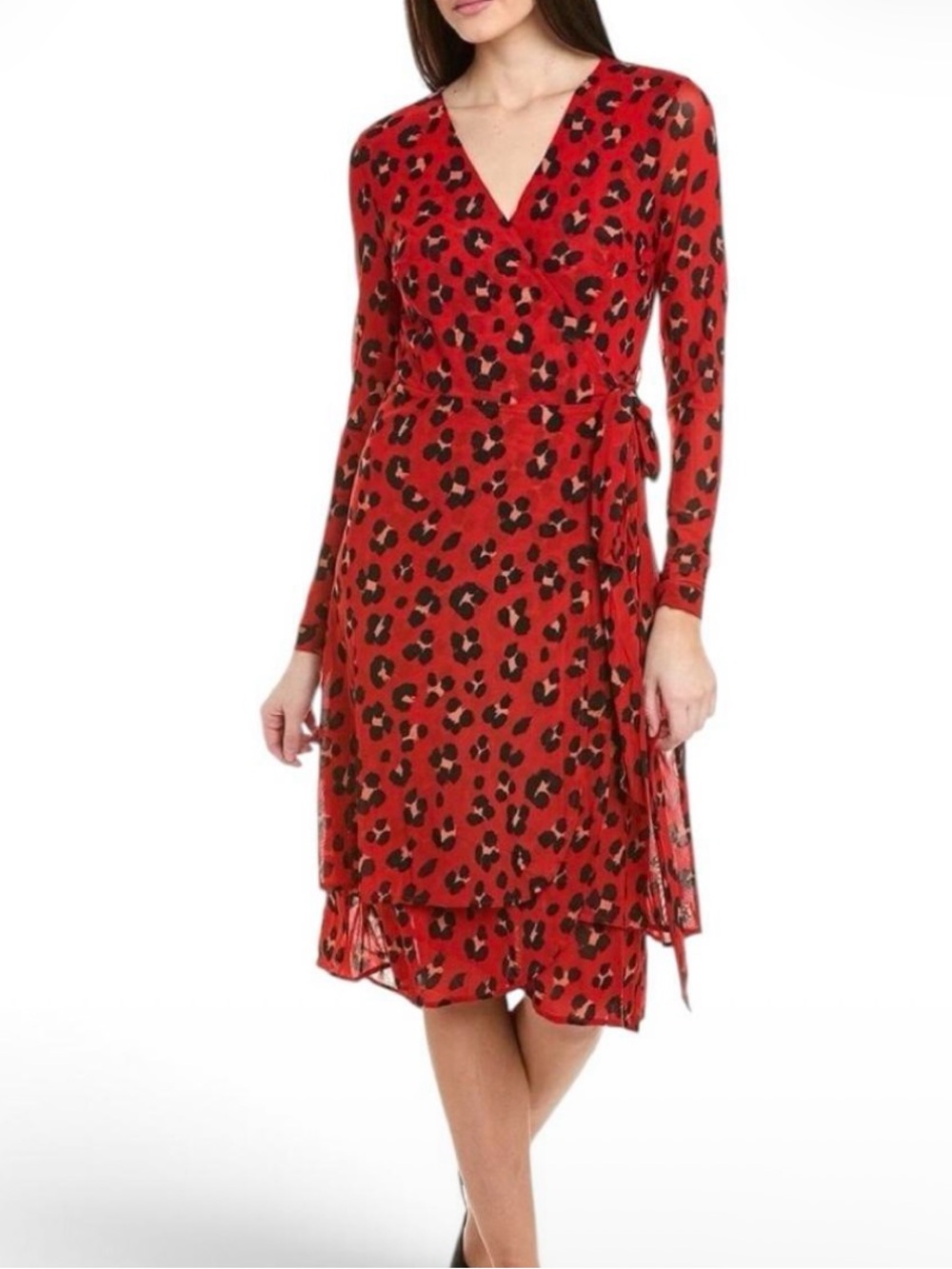 Cabi Red Animal Print Wrap Midi Dress Womens XXL Classic Fall Casual Modest